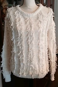 Womens Pullover Sweater M White Long Sleeve Distressed Fringe Unbranded - Picture 1 of 5