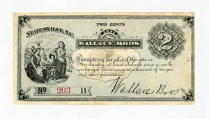 1882 2c Wallace Bros. - Statesville, NORTH CAROLINA Merchant Scrip - Picture 1 of 2