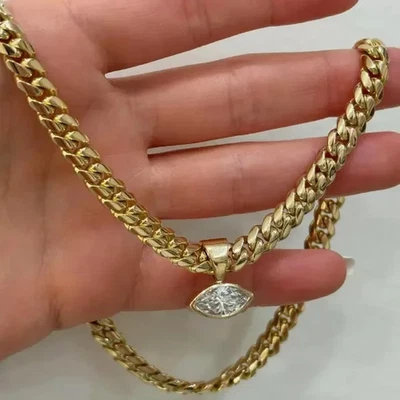 3.8Ct Marquise Cut Real Moissanite Cuban Link Necklace 14K Yellow Gold Plated - Image 1 of 4