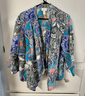 Chicos Turquoise Paisley 100% Linen Drape 3/4 Sleeve Jacket Open Front 2/ L - Image 1 of 4