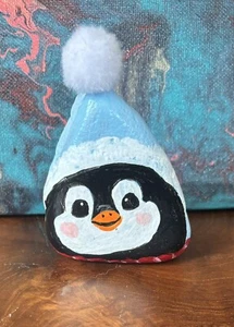 Hand Painted Rock "Santa Pom Hat Penguin" Collectible Garden Decor Art OOAK - Picture 1 of 3