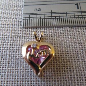 10k Solid Yellow Gold Heart Pink Sapphire Diamond Chip Mom Pendant Charm  