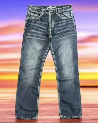 Request Y2K Relaxed Straight Distressed Embroidered Blue Denim Men's Jeans 34x34 - Image 1 of 4