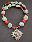 Lotus Filigree Nepalese Tibetan flower with turquoise and red Coral Necklace.