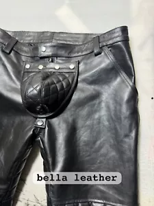 Men's Real Cow Leather Bikers Front Hole & Back Zip Quilted Pant Sexy Gay Jeans - Picture 1 of 8