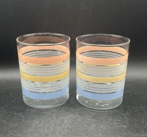 Low Ball Tumbler Set of 2 Glasses Rare Pastel Striped MCM Perfect Condition Vtg - Picture 1 of 7