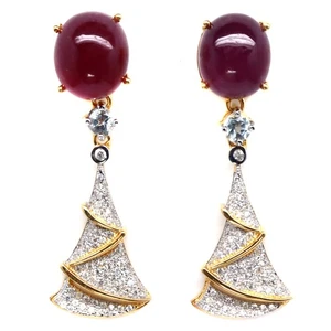 925 Sterling Silver 11 x 13 MM. Red Ruby, Topaz & Zircon Two Tone Earrings - Picture 1 of 4