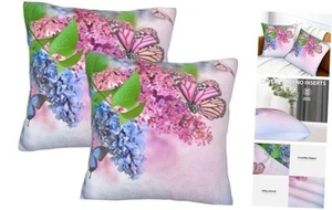 Set of 2 Pink Flowers Throw Pillow Covers, Floral Butterfly Decorative Cushion - Picture 1 of 8