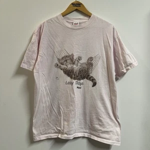 Vintage Cat Lazy Days Tshirt Dyed Pink Mens XL - Picture 1 of 6