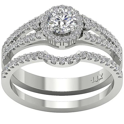 Lab Grown Diamond VS F 1.25 Ct Halo Split Shank Bridal Ring Set 14K Solid Gold - Image 1 of 4
