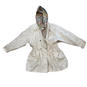 VTG Cyclone Rain Trench Coat Beige Floral Lined Jacket Pockets Mid Length Size M - Picture 1 of 10