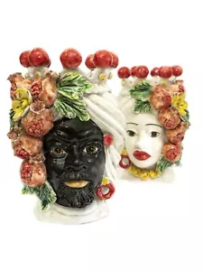 Coppia teste di moro h30 cm in ceramica di caltagirone sicilia melograno - Foto 1 di 4