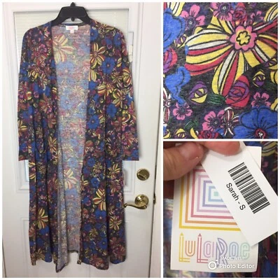 Lularoe Women's Sarah Cardigan Duster Open Front Pockets Blue Floral Linen Sz S - Image 1 of 4