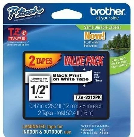 Brother TZE2312PK 12mm Black on White Tape - 2 Pack