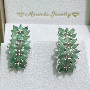 .925 Sterling Silver Cluster Omega Back Earrings, Natural Emerald 8.81 Grams - Picture 1 of 4