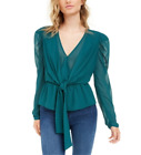 Leyden Women's Puff Sleeve Tie Front Top Blue Green Size L