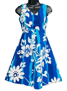 Vintage 1960s blue Hawaiian mini dress, white floral cotton summer sleeveless S - Picture 1 of 5