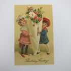 Postcard Birthday Greeting Antique Girl Pink Dress Boy Sailor Roses Embossed