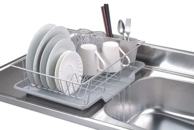 Home Basics 3 Piece Vinyl Coated Steel Dish Drainer with Drip Tray, Silver - Image 1 of 2