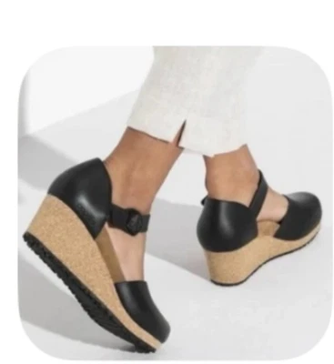 Birkenstock Papillio Mary Wedge Cork Sandal 7-7.5 Black Leather Closed Toe NAROW - Image 1 of 4