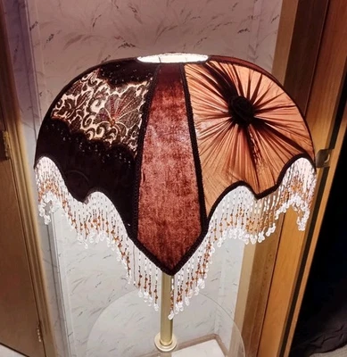 Victorin Shade Floor Lamp Burgundy Maroon Rose/Floral Fabric Glass Beaded Fringe - Image 1 of 4