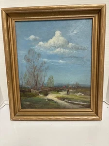Öl auf Karton 19. Jahrhundert - JÜRGENS - bewölkt blauer Himmel auf dem Weg zum Dorf - Bild 1 von 15