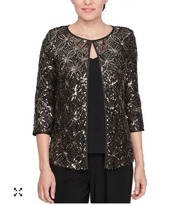 Alex Evenings Women's Sequinned Flyaway 3/4-Sleeve Top Sz:L Black NWT - Picture 1 of 5