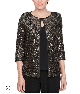 Alex Evenings Women's Sequinned Flyaway 3/4-Sleeve Top Sz:L Black NWT - Image 1 of 4