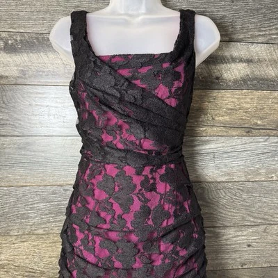 Express 尺寸 6 粉色和黑色迷你礼服俱乐部晚间舒适蕾丝褶皱紧身 — 第 1/4 张图片