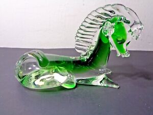 Murano art Glass Green Horse Laying Down Figurine (6.5 by 5 by 3")