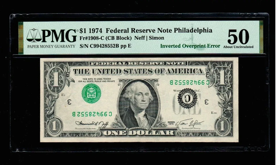 1974 $1 Inverted Overprint Error Philadelqhia PMG Uncirculated 50 - Image 1 of 2