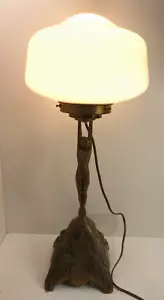 BRASS DIANA LADY STATUE LAMP ART DECO FLORAL PYRAMID STEPPED GLASS LIGHTSHADE - Picture 1 of 11
