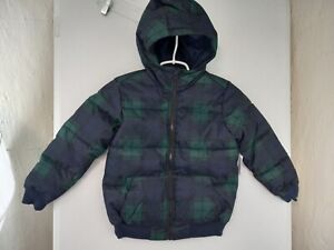 Old Navy Boys Small 6-7 Black/Green Plaid Hooded Heritage Puffer Jacket/Coat NWT