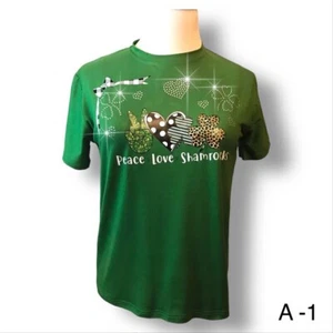 Peace Heart Shamrock Green St Patrick Tee Heavy Rhinestones Womens XL - Picture 1 of 8