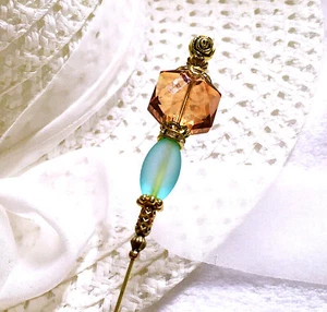 HATPIN with PEACH Amber Crystal & Frosted Aqua Ocean beads set on 8" Gold Finish - Picture 1 of 12