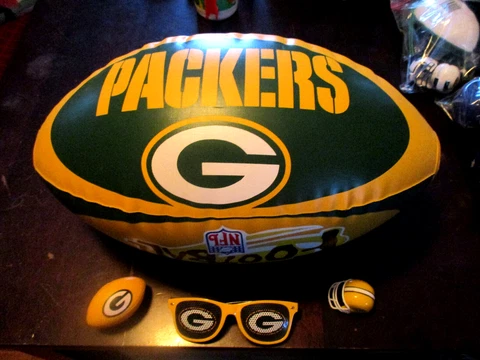 Green Bay Packers,VTG.,INFLATABLE FOOTBALL 9X17'',SUN GLASSES,HELMET & Mcds BALL Cover