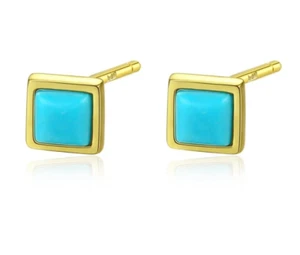 Golden Square Turquoise Blue Petite Stud Earrings (925 Silver) Silver, Love Cute - Picture 1 of 6