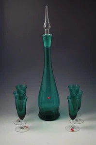 MCM EMPOLI GLASS EMERALD GREEN BRANDY DECANTER SET 7 PCS SET GOBLETS ORIG BOX - Picture 1 of 7