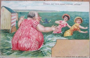 Bathing Beauty 1907 Postcard: Fat Man Chasing Young Women at the Beach - Litho - Bild 1 von 1
