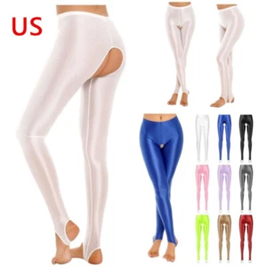 Womens Shiny Mid Waist Opaque Pantyhose Shimmery Open Crotch Stirrup Tights - Picture 1 of 82