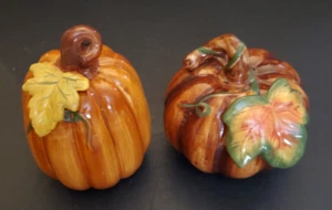 Pair of Ceramic Pumpkins with Applied Ceramic Leaves - Picture 1 of 12