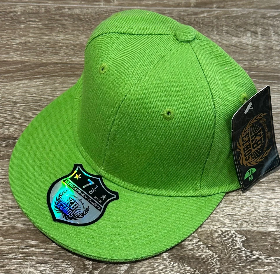Ethos plain fitted cap, lime green flat peak cap, premium imported from U.S.A - image 1 of 4