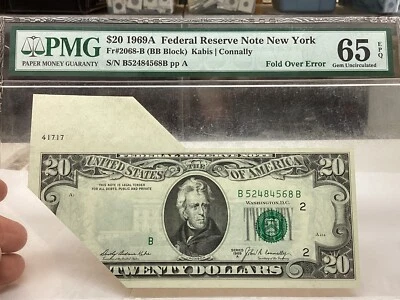 $20 1969A PMG 65 EPQ Fold Over Error-large Error-FR#2068-B - Image 1 of 4