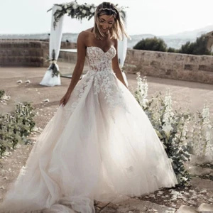 Strapless Wedding Dresses Lace Applique Backless Tulle Corset Bridal Gowns - Picture 1 of 7