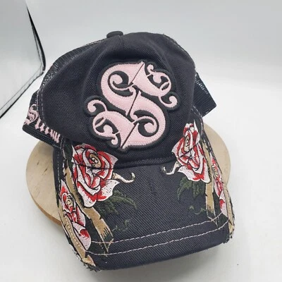 Affliction Sinful Black w/ Roses Trucker Cap Hat Snapback - Image 1 of 4