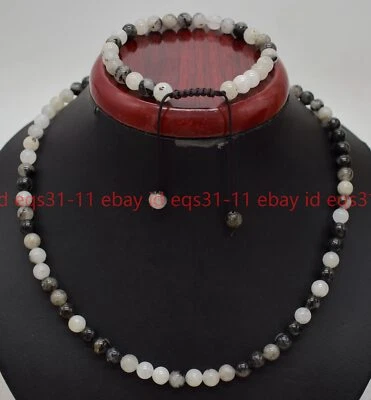 Juego de collar de cuentas de piedras preciosas rutiladas de cuarzo negro de 6/8/10 mm pulsera de 18"" de 7,5"" Foto 1 de 4