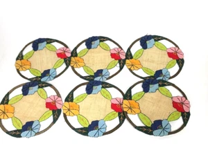 Vintage chinesische Art Deco Handarbeit Leinen Blumen Getränk Untersetzer 6er Set Museum Stck. - Bild 1 von 7
