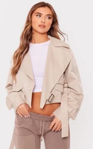 Pretty Little Thing Stone Cropped Belted Trench Jacket Size 12 US Tan Khaki - Picture 1 of 8
