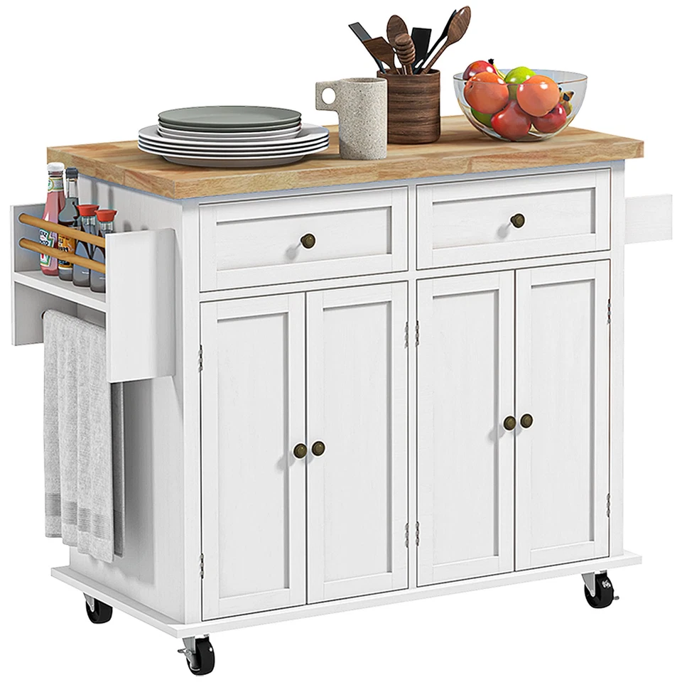 HOMCOM Rolling Kitchen Cart w/ Wood Top Spices White