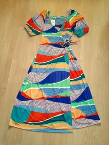 Next Stretch Bright Multicolour Print Half Sleeve Wrap Maxi Dress Size 18-20(New - Picture 1 of 6
